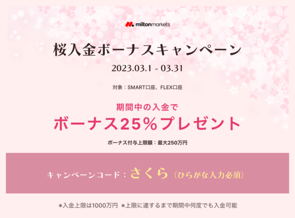 【Milton Markets】一足お先に春をお届け♪最大250万円ボーナス桜キャンペーン開催！